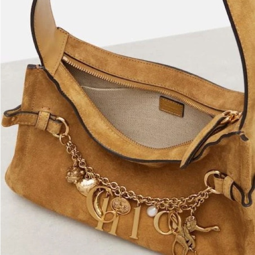 CHLOÉ Charms Camel Brown Suede Leather Gold Khaki Hobo Shoulder Bag Handbag - Picture 10 of 13